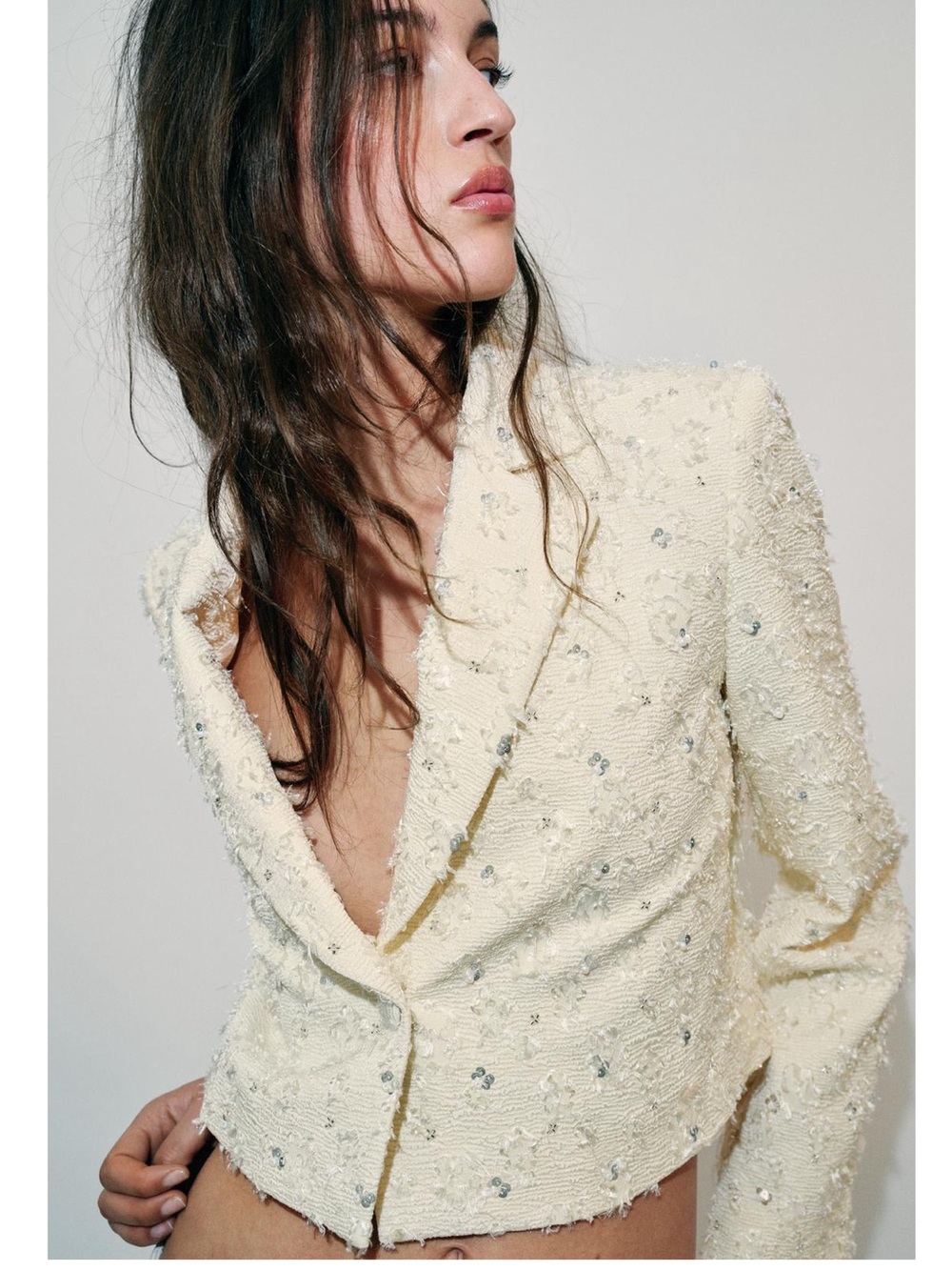 Zara Cream Textured Sequin Cropped Blazer Jacket